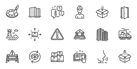 Outline set of Send box, Technical documentation and Open door line icons for Stock Illustration