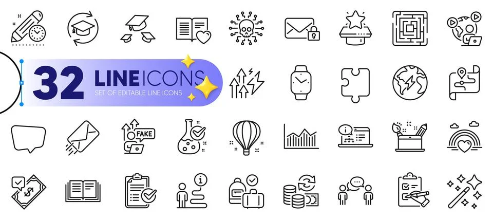 Outline set of Support, Online documentation and Love book line icons. For web Stock Illustration