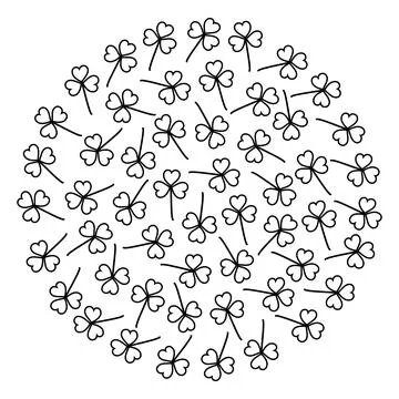 Outline shamrocks in shape of circle Isolated on white. Clover leaves background Stock Illustration