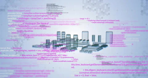 Outline shapes rising into 3D modules under pink code scrolling, merging into Stock-Footage 310643866