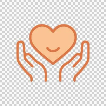 Outline Simple Orange Heart Shape With Smiling Face Supported By Open Hands Symb Stock Illustration