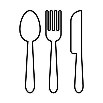 Outline, simple vector fork and spoon and knife icon isolated on white backgr Stock Illustration