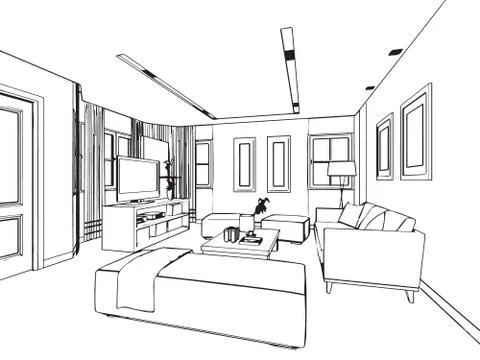 Outline sketch drawing interior perspective of house Stock Illustration