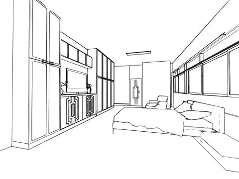Outline sketch drawing interior perspective of house Stock Illustration