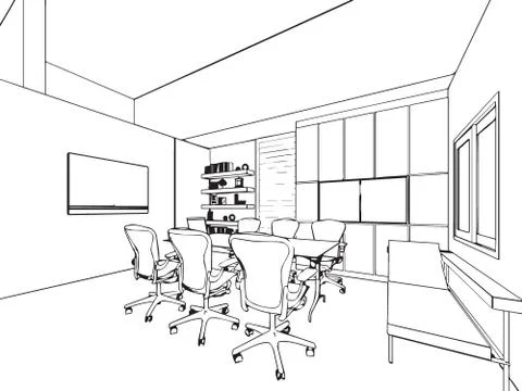 Outline sketch drawing interior perspective of a space office Stock Illustration
