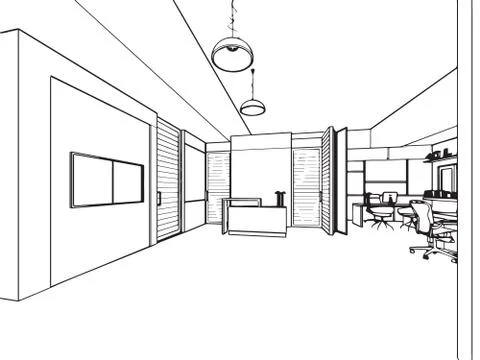Outline sketch drawing interior perspective of a space office Stock Illustration
