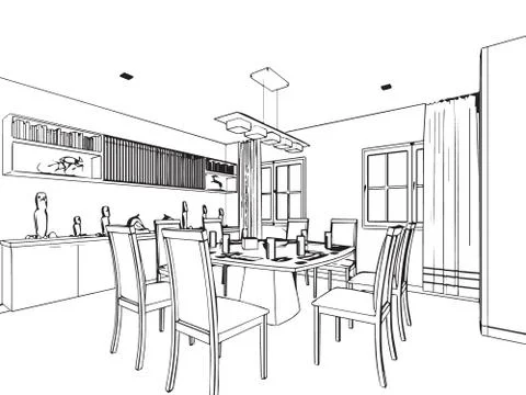 Outline sketch drawing interior perspective of house Stock Illustration