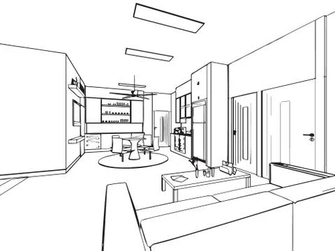 Outline sketch drawing interior perspective of house Stock Illustration