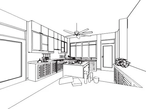Outline sketch drawing interior perspective of house Stock Illustration