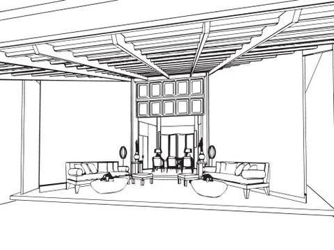 Outline sketch drawing interior perspective of house Stock Illustration
