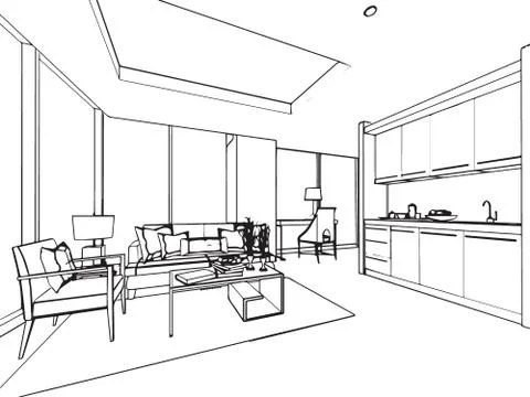 Outline sketch drawing interior perspective of house Stock Illustration