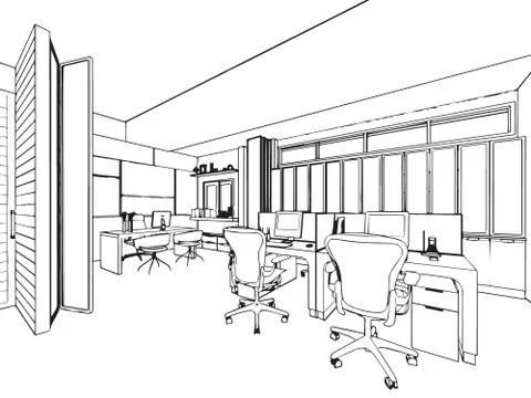 Outline sketch drawing interior perspective of a space office Stock Illustration