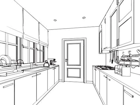 Outline sketch drawing interior perspective of house Stock Illustration