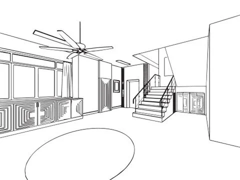 Outline sketch drawing interior perspective of house Stock Illustration