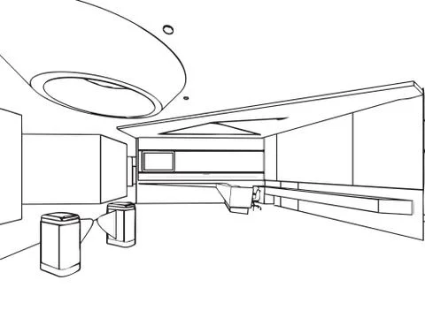 Outline sketch drawing interior perspective of house Stock Illustration