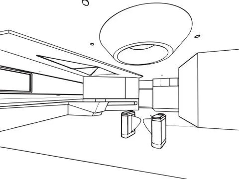 Outline sketch drawing interior perspective of house Stock Illustration