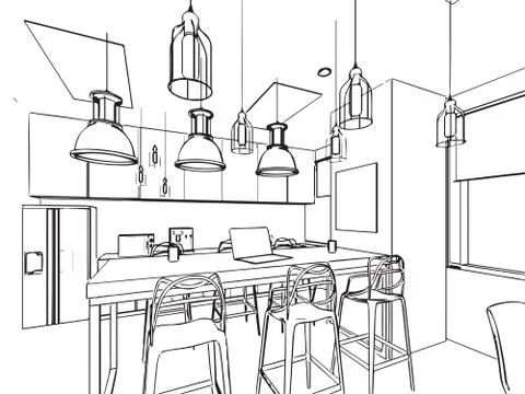 Outline sketch drawing interior perspective of house Stock Illustration