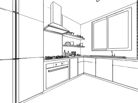 Outline sketch drawing interior perspective of house Stock Illustration