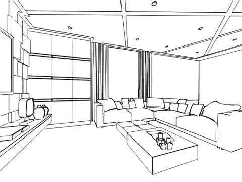 Outline sketch drawing interior perspective of house Stock Illustration