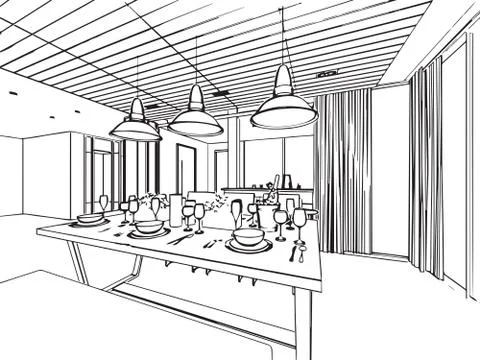 Outline sketch drawing interior perspective of house Stock Illustration