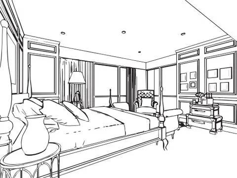 Outline sketch drawing interior perspective of house Stock Illustration