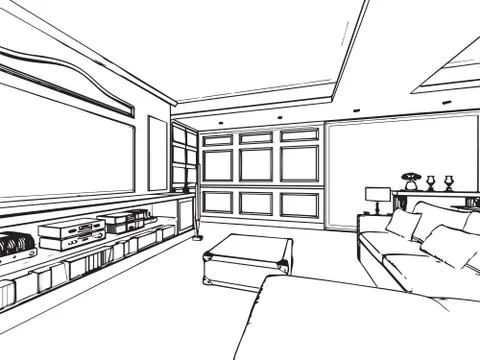 Outline sketch drawing interior perspective of house Stock Illustration