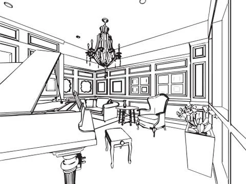 Outline sketch drawing interior perspective of house Stock Illustration