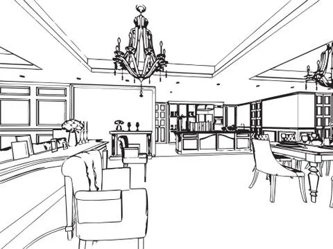 Outline sketch drawing interior perspective of house Stock Illustration