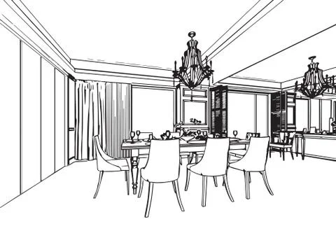 Outline sketch drawing interior perspective of house Stock Illustration