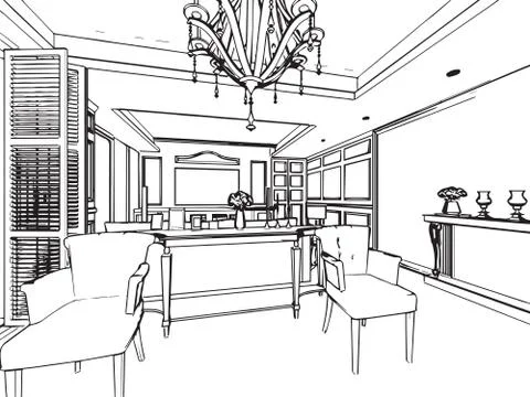 Outline sketch drawing interior perspective of house Stock Illustration