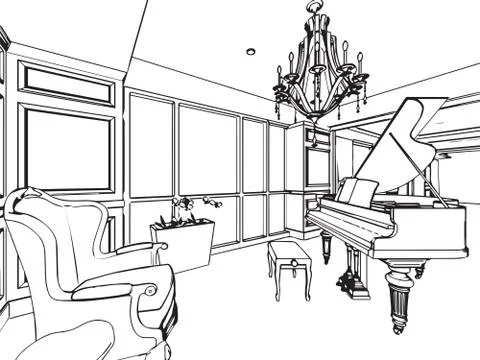 Outline sketch drawing interior perspective of house Stock Illustration