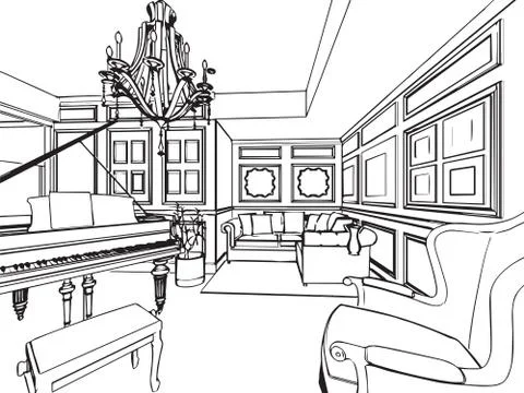 Outline sketch drawing interior perspective of house Stock Illustration