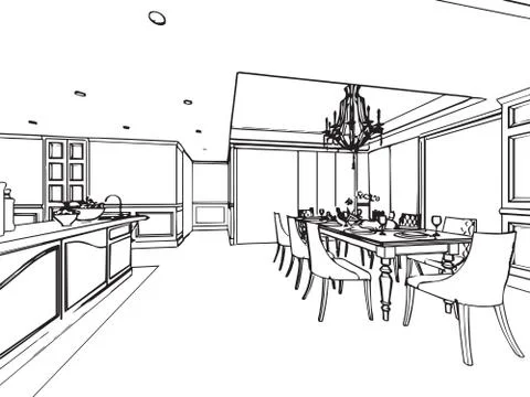 Outline sketch drawing interior perspective of house Stock Illustration