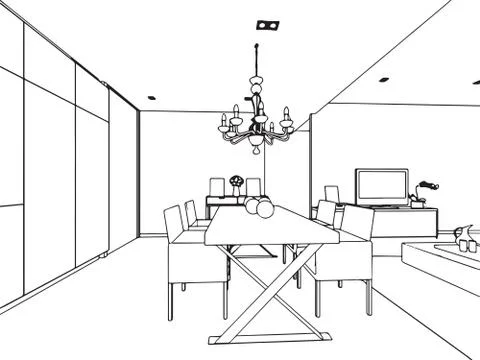 Outline sketch drawing interior perspective of house Stock Illustration