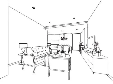 Outline sketch drawing interior perspective of house Stock Illustration