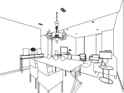 Outline sketch drawing interior perspective of house Stock Illustration