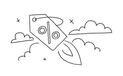 Outline sketch by hand draft. Launch a discount label flight in the sky drawing Stock Illustration