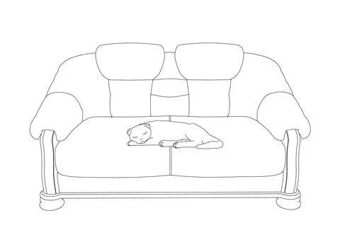 Outline of a sleeping cat on a sofa from black lines isolated on a white Ilustración de archivo