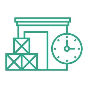 Outline small warehouse icon with clock isolated on white background. Part .. Stock Illustration