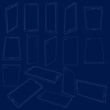Outline Smartphone set. Perspective mobile phone contour with screen, Vector Stock Illustration