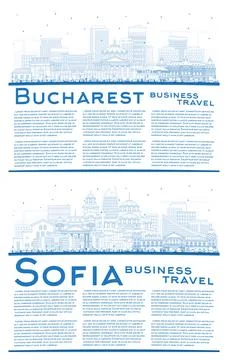 Outline Sofia Bulgaria and Bucharest Romania City Skyline Set with Blue Bui.. Stock Illustration