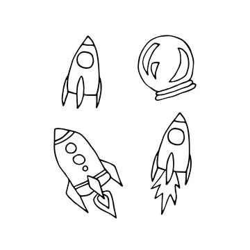 Outline space doodle sticker set. Rocket, space suit Stock Illustration