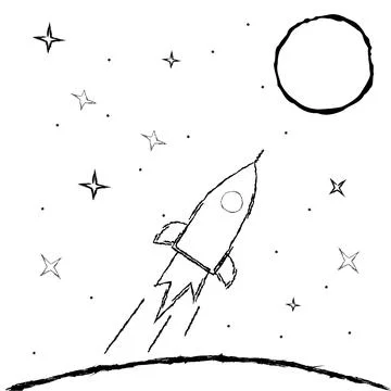 Outline space rocket from the earth flies to the moon among the stars in sketch Stock Illustration