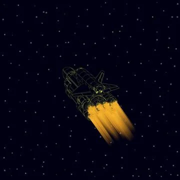 Outline of a space shuttle with a launch vehicle flying in space. Vector Illustrazione stock