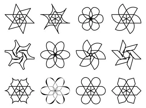 Outline star and flower patterns, geometric line icons, complex wireframe s.. Illustrazione stock