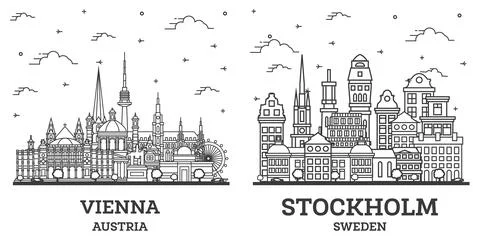 Outline Stockholm Sweden and Vienna Austria City Skyline Set. Stock Illustration