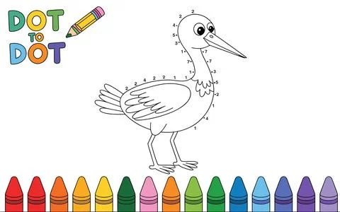 Outline stork dot to dot activity with crayons and pencil Stock Illustration