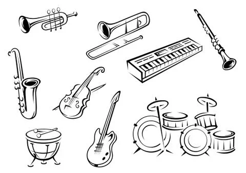 Outline string, wind, keyboard and percussion instruments Stock Illustration