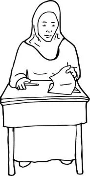 Outline of Student at Desk Stock Illustration