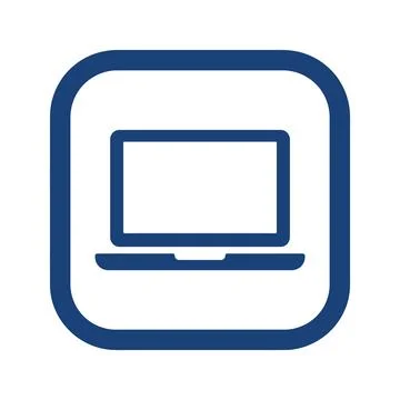 Outline style blue laptop computer icon inside a rounded square for technic.. Stock Illustration